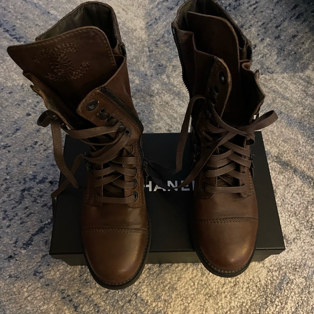 Chanel biker boots brown